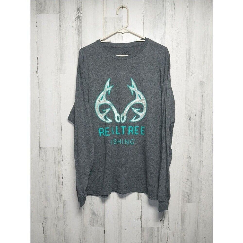 Realtree Fishing Mens Dark Gray Heather Long Sleeve Crew Graphic Tee T-Shirt XL